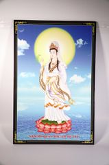 Tranh Phật Bồ Tát Quan Âm áo trắng đứng hào quang giữa trời xanh - 2 cỡ