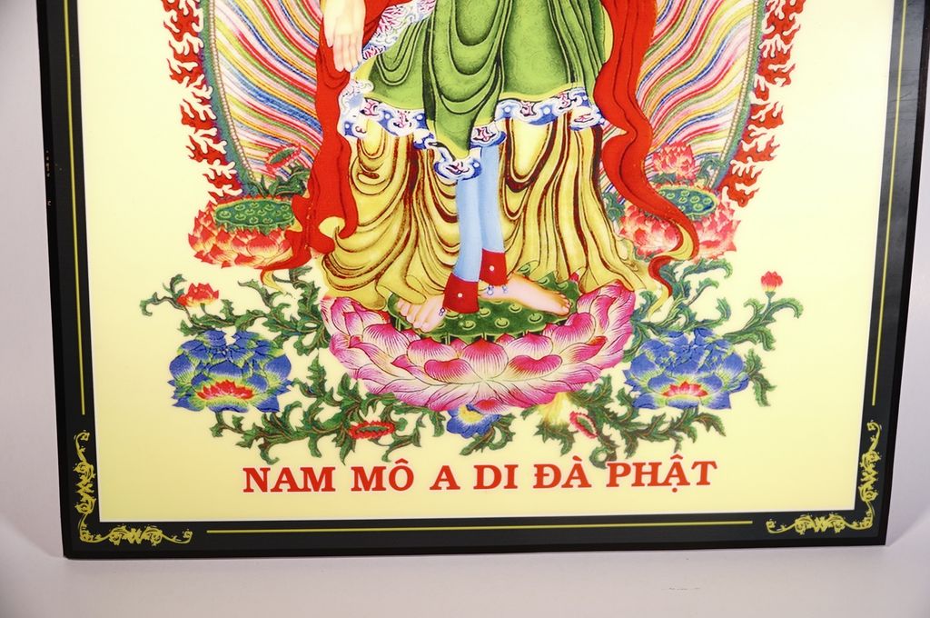 Tranh Phật A Di Đà đứng đài sen áo đỏ hào quang nền vàng - 2 cỡ
