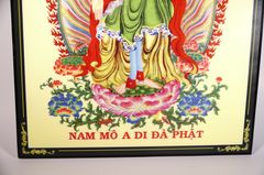 Tranh Phật A Di Đà đứng đài sen áo đỏ hào quang nền vàng - 2 cỡ