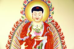 Tranh Phật A Di Đà đứng đài sen áo đỏ hào quang nền vàng - 2 cỡ
