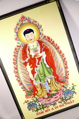 Tranh Phật A Di Đà đứng đài sen áo đỏ hào quang nền vàng - 2 cỡ