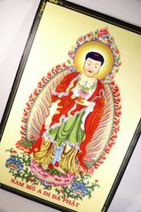 Tranh Phật A Di Đà đứng đài sen áo đỏ hào quang nền vàng - 2 cỡ