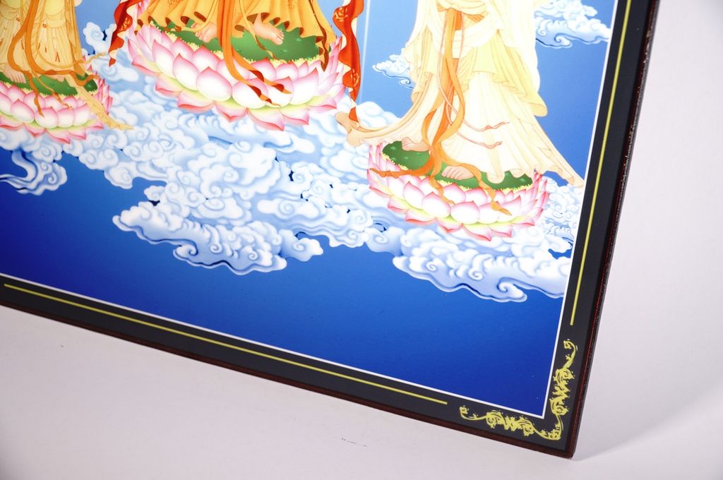 Tranh Tam Thế Phật đứng đài sen hào quang giữa mây trời - 60x40cm