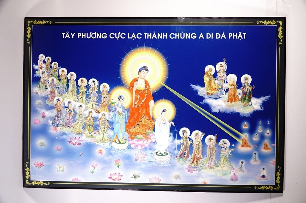 Tranh Phật Tây Phương Cực Lạc cùng A Di Đà Phật giữa trời xanh - 60x40cm