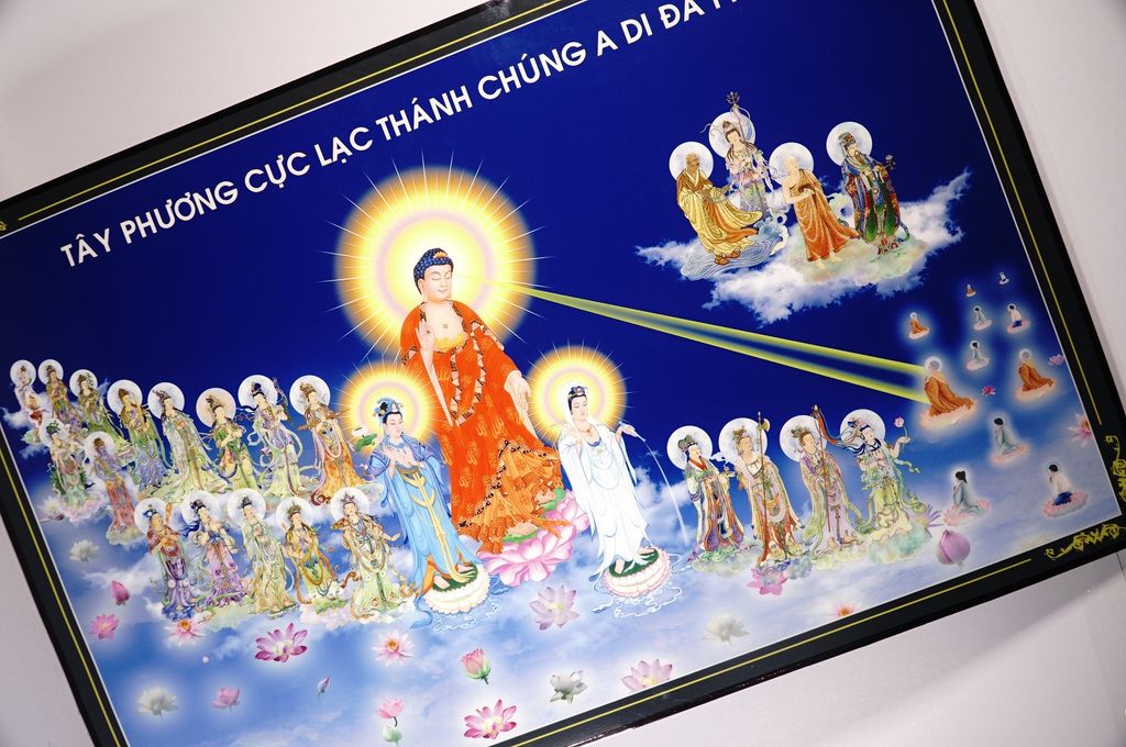 Tranh Phật Tây Phương Cực Lạc cùng A Di Đà Phật giữa trời xanh - 60x40cm