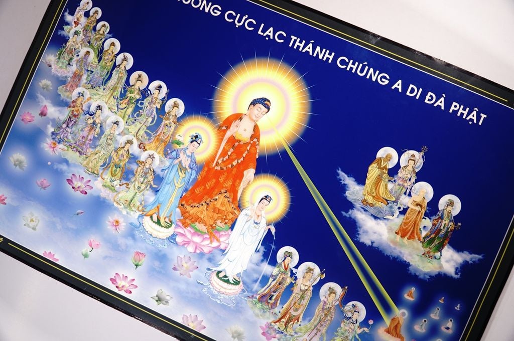 Tranh Phật Tây Phương Cực Lạc cùng A Di Đà Phật giữa trời xanh - 60x40cm