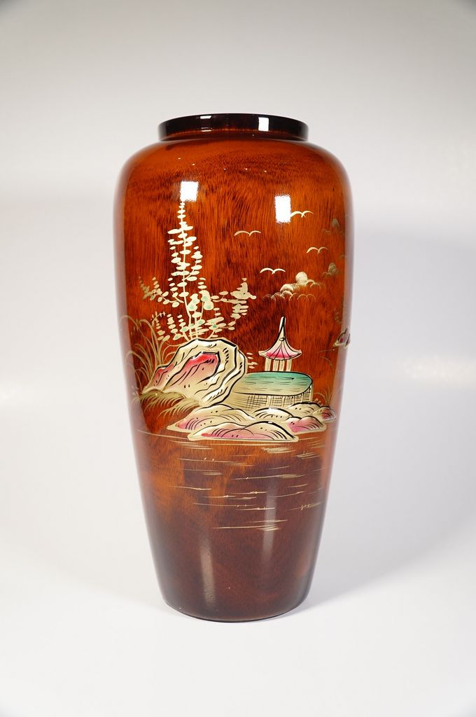 Bình hoa thờ cúng, bình cắm hoa bằng gỗ vẽ phong cảnh chùa - Cao 30cm