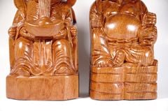 Cặp tượng Tài Địa gỗ hương nguyên khối chạm khắc thờ Thần Tài Thổ Địa - Cao 25cm