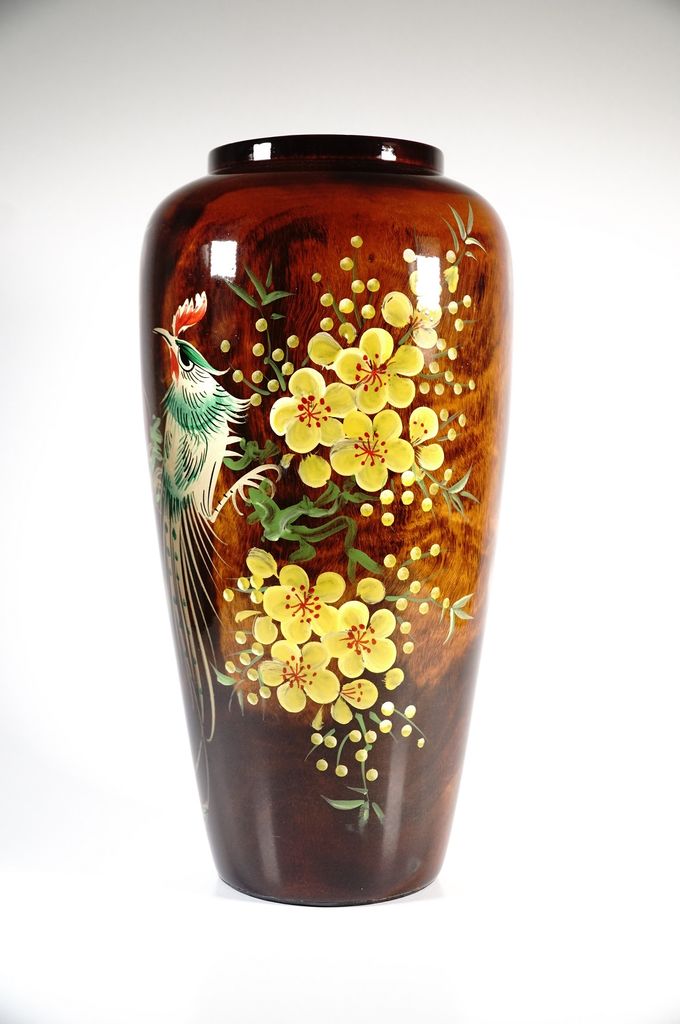 Bình hoa gỗ lá lan cặp công phượng hoàng uyên ương đậu trên cành mai vàng - Cao 30cm