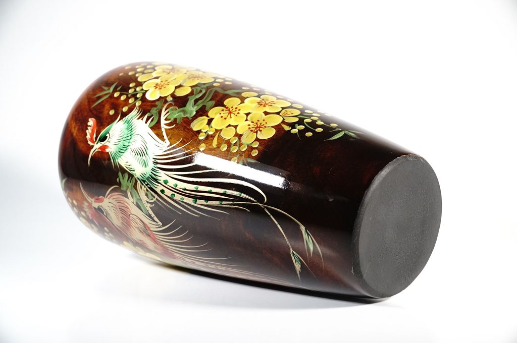 Bình hoa gỗ lá lan cặp công phượng hoàng uyên ương đậu trên cành mai vàng - Cao 30cm