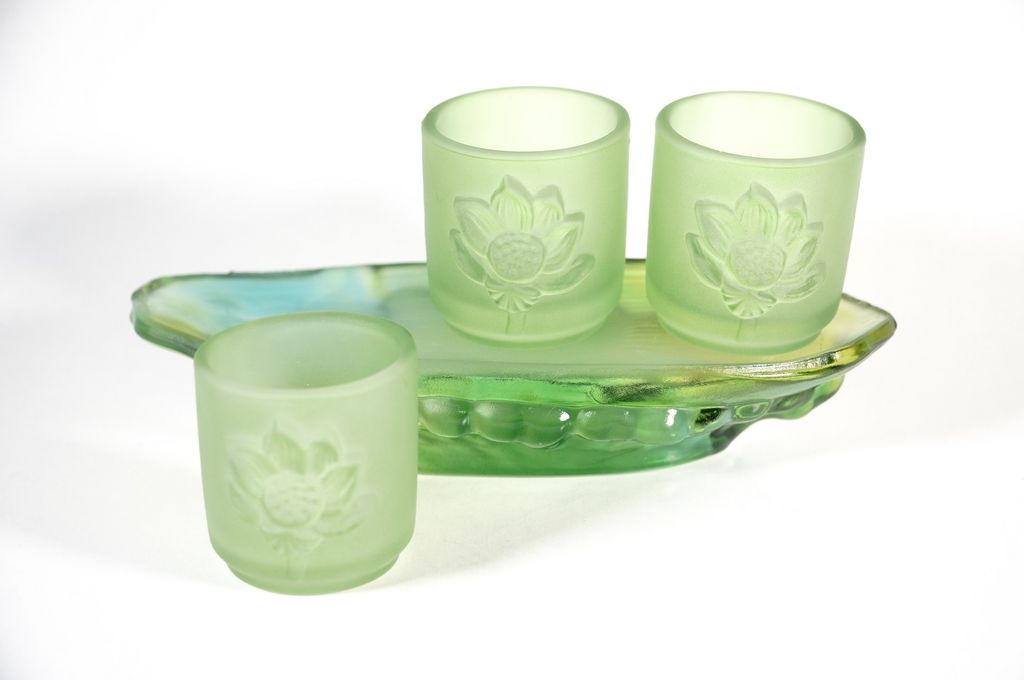 Bộ án 3 ly nước thờ cúng lưu ly xanh, án 3 chung nước thờ - Cao cấp