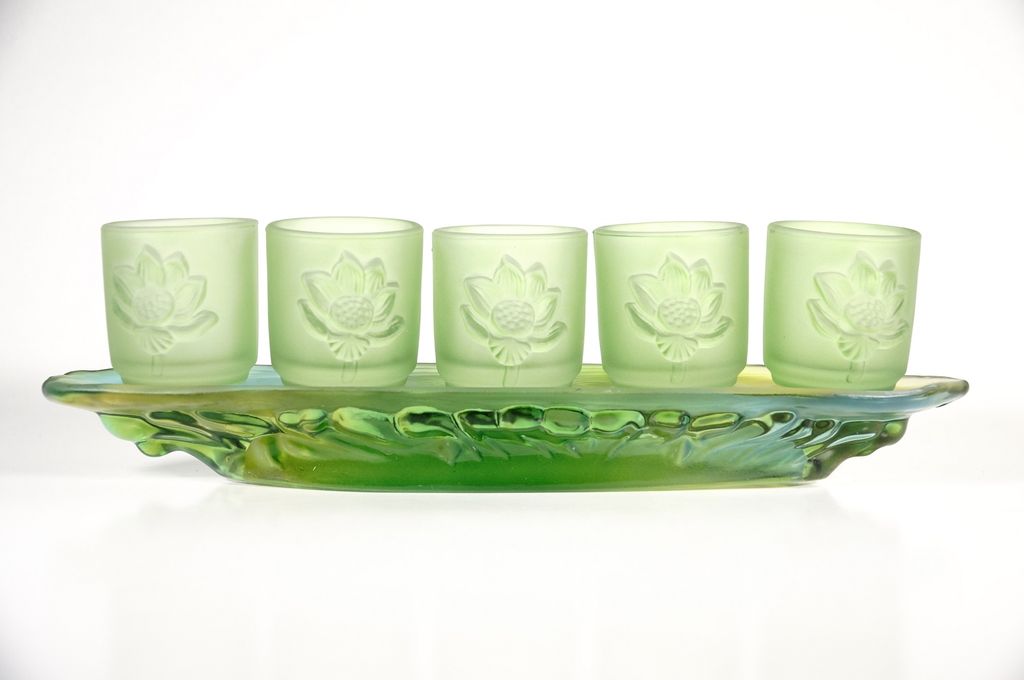 Bộ án 5 ly nước thờ cúng lưu ly xanh, án 5 chung nước thờ - Cao cấp