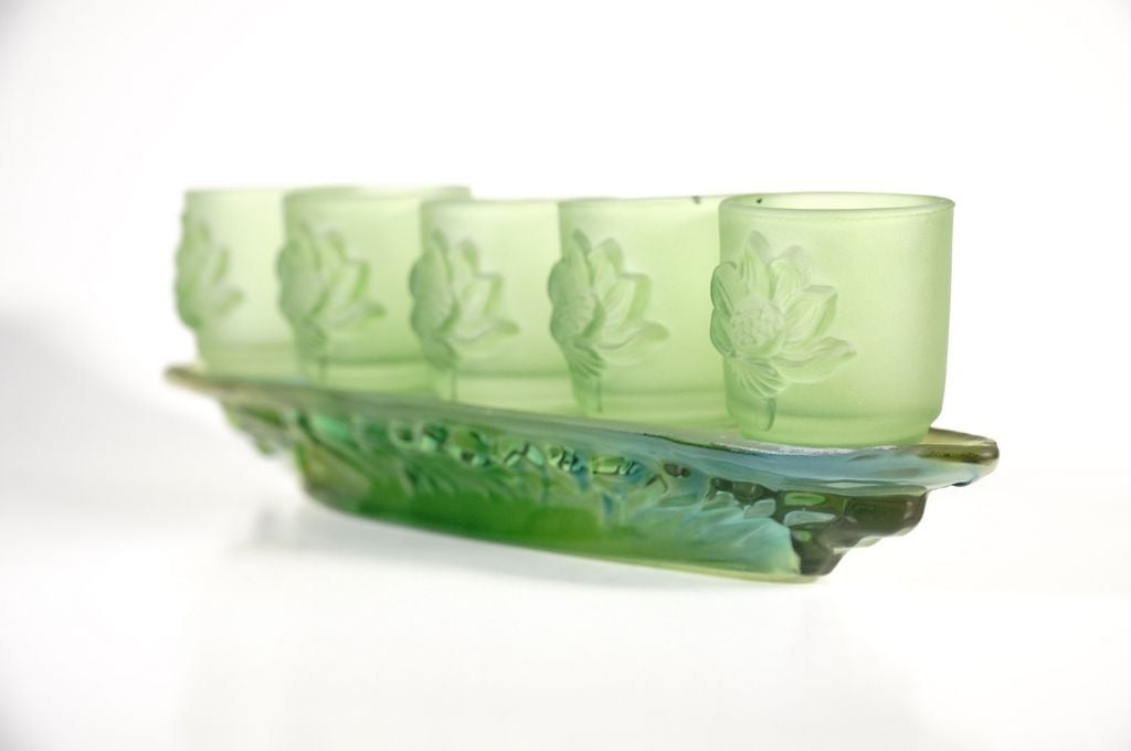 Bộ án 5 ly nước thờ cúng lưu ly xanh, án 5 chung nước thờ - Cao cấp