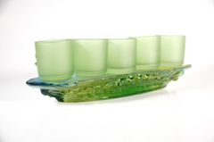 Bộ án 5 ly nước thờ cúng lưu ly xanh, án 5 chung nước thờ - Cao cấp