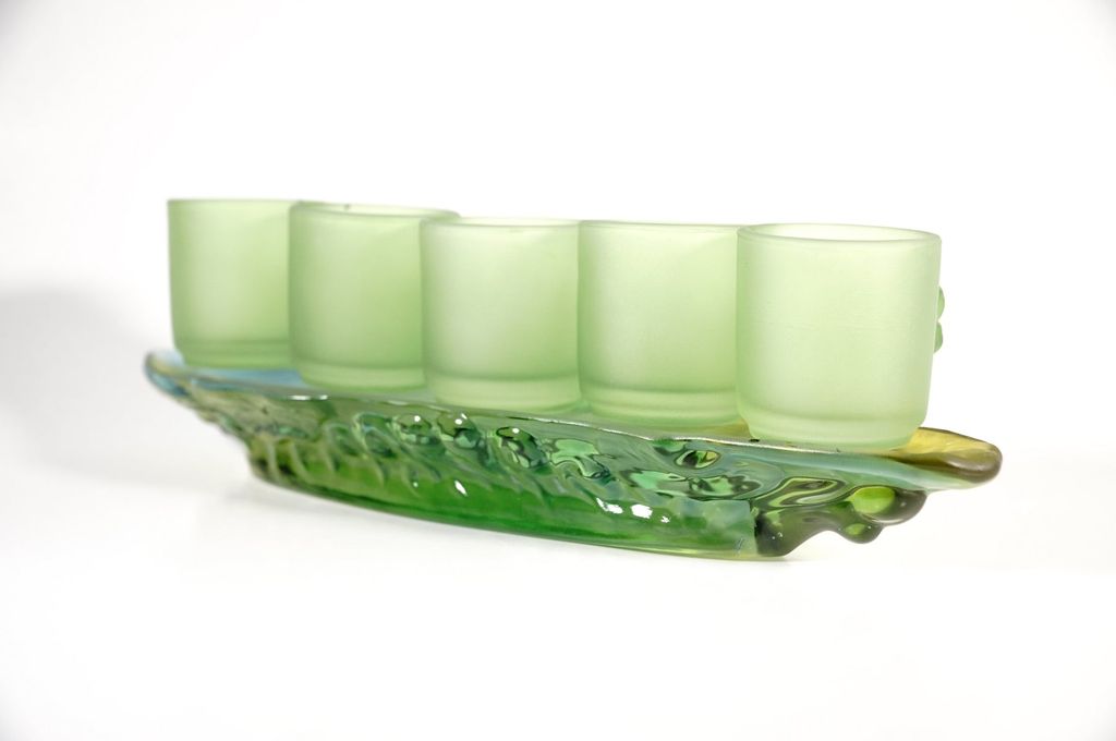 Bộ án 5 ly nước thờ cúng lưu ly xanh, án 5 chung nước thờ - Cao cấp