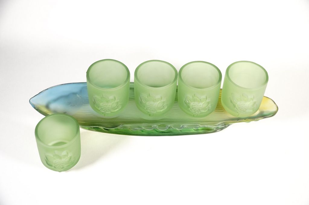 Bộ án 5 ly nước thờ cúng lưu ly xanh, án 5 chung nước thờ - Cao cấp