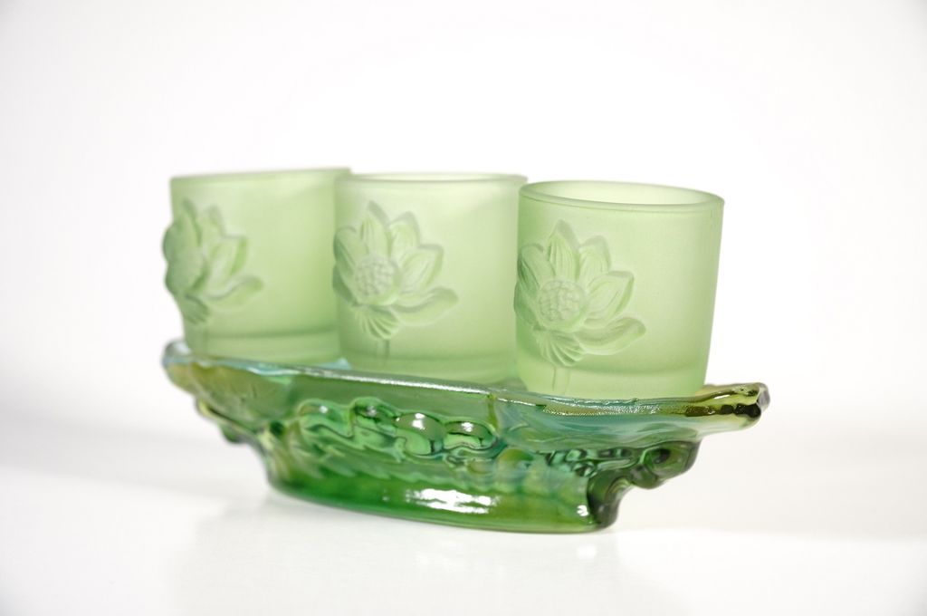 Bộ án 3 ly nước thờ cúng lưu ly xanh, án 3 chung nước thờ - Cao cấp