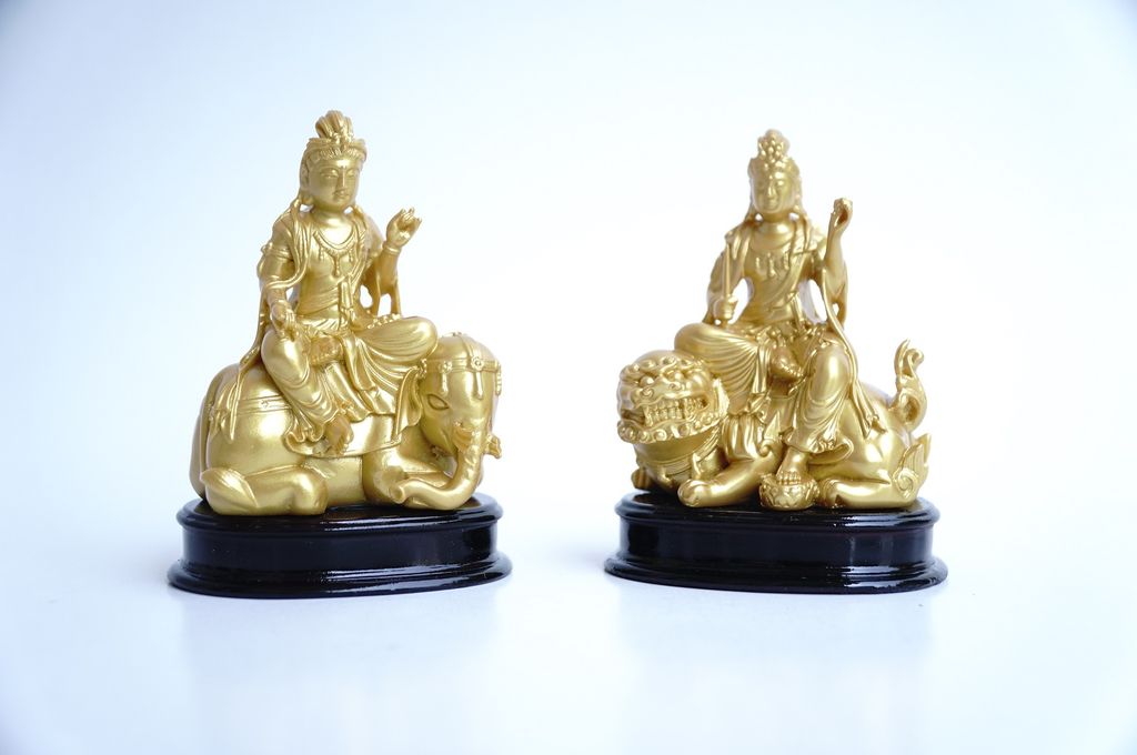 Bộ 2 tượng Phật Phổ Hiền và Văn Thù bồ tát ngồi nhũ vàng - Cao 10cm