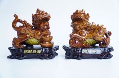 Cặp tượng tỳ hưu phong thủy bụng trứng vàng tài lộc - Hưu vân gỗ 17cm