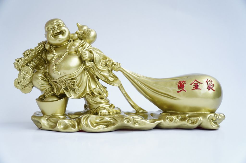 Tượng Phật Di Lặc kéo bao tải tiền mạ đồng cầu tài lộc đúc lớn - Dài 30cm