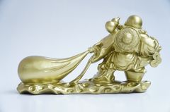 Tượng Phật Di Lặc kéo bao tải tiền mạ đồng cầu tài lộc đúc lớn - Dài 30cm