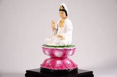 Tượng Quan Âm Bồ Tát ngồi tòa sen có đế vẽ màu áo trắng - Cao 12cm