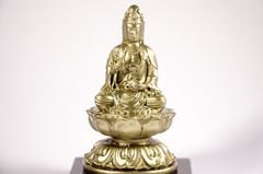 Tượng Quan Âm Bồ Tát ngồi tòa sen có đế mạ đồng - Cao 12cm