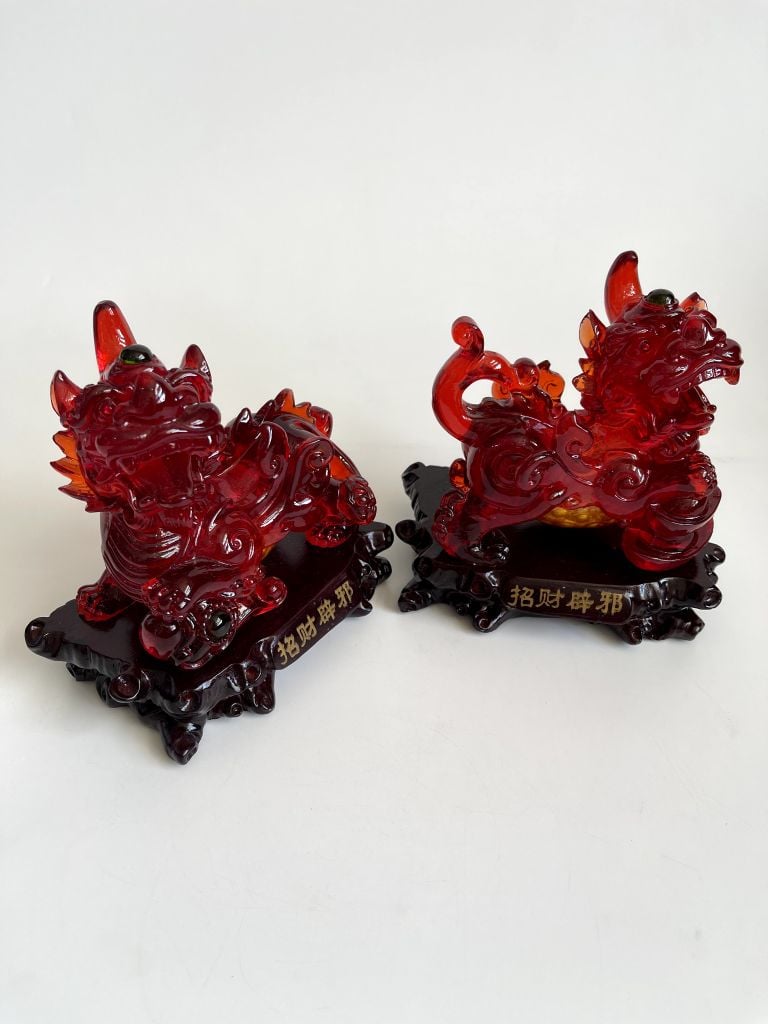 Cặp tượng tỳ hưu phong thủy đỏ huyết rồng bụng trứng tài lộc - Cao 17cm có hướng dẫn khai quang