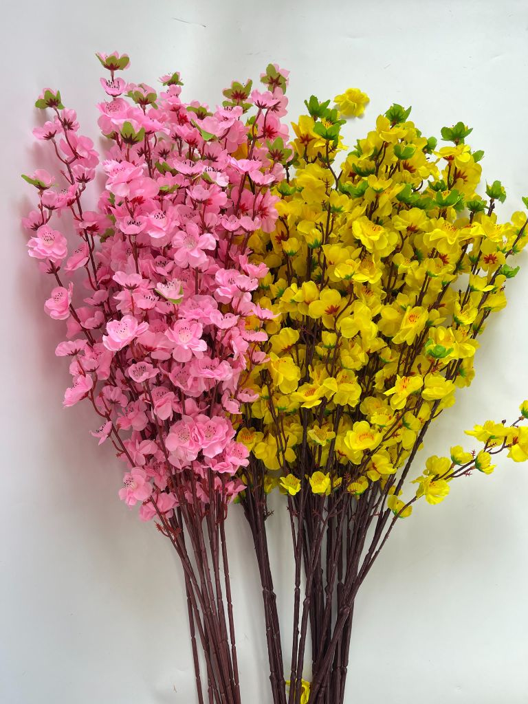 Hoa Tết, hoa mai hoa đào giả trang trí tết, cành hoa Đào giả trang trí, decor loại đẹp dày dặn - Dài 95cm