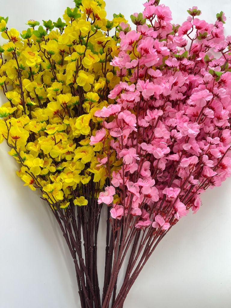 Hoa Tết, hoa mai hoa đào giả trang trí tết, cành hoa Đào giả trang trí, decor loại đẹp dày dặn - Dài 95cm