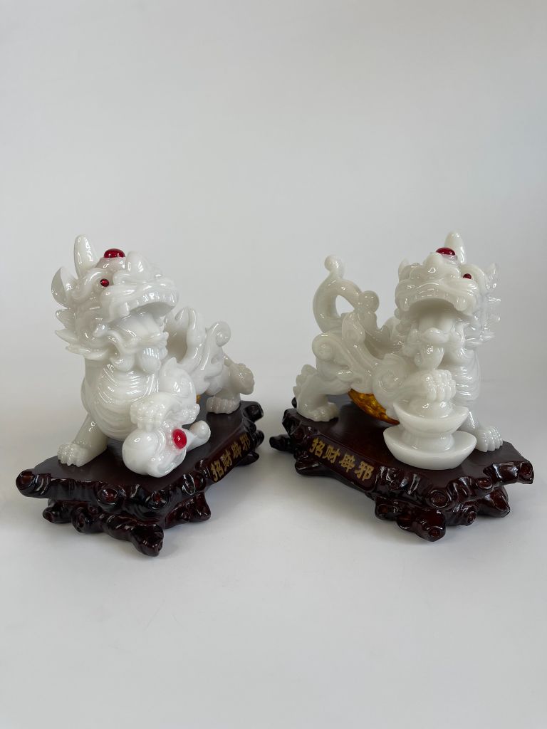 Cặp tượng tỳ hưu phong thủy Trắng bụng trứng vàng tài lộc - Cao 17cm có hướng dẫn khai quang