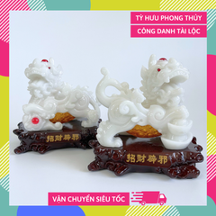 Cặp tượng tỳ hưu phong thủy Trắng bụng trứng vàng tài lộc - Cao 17cm có hướng dẫn khai quang