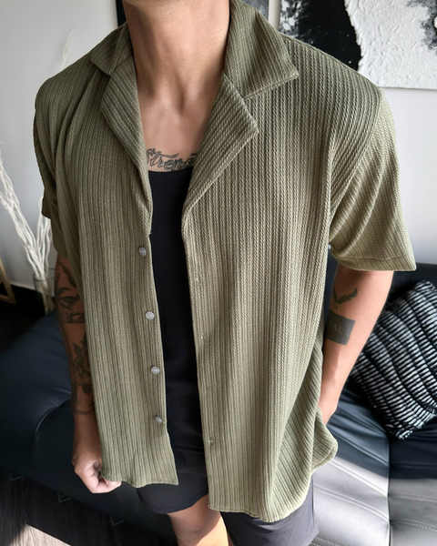  Olive Pattern Knit Cuban Shirt 