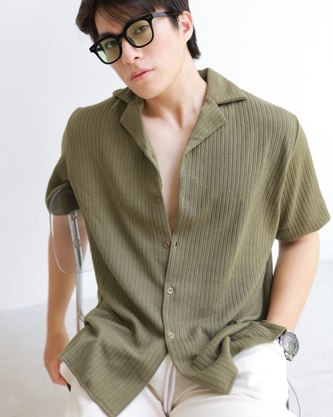  Olive Pattern Knit Cuban Shirt 