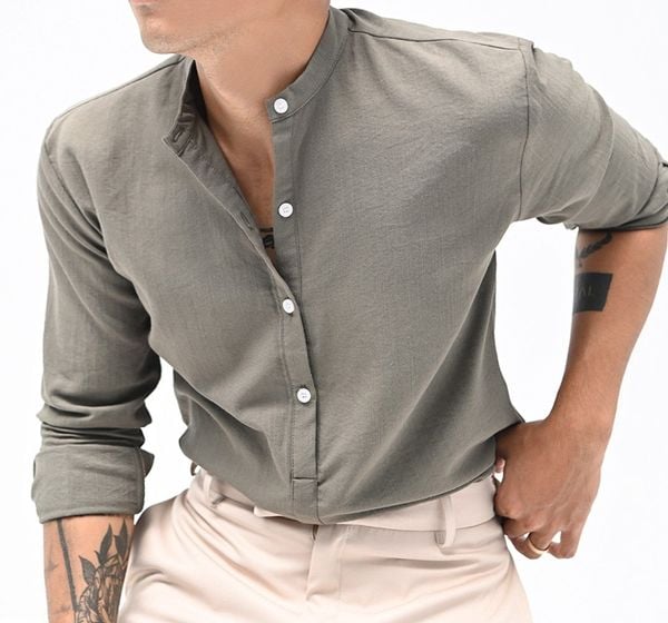  Olive Mandarin Collar Linen Shirt 