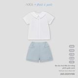 Bộ cộc tay chui đầu áo trắng phối quần xanh Nous Petit à Petit (cổ hai tầng)