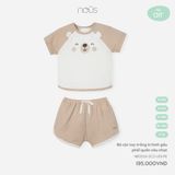 Bộ cộc tay Nous Air trắng in hình gấu phối quần nâu nhạt