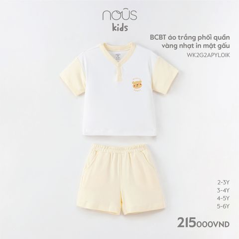 Bộ cộc bổ trụ Nous Kid áo trắng phối quần vàng nhạt in mặt gấu