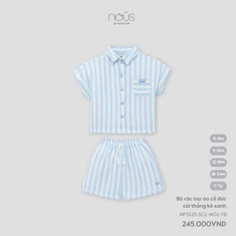 Bộ cộc tay áo cổ đức cài thẳng kẻ xanh Nous Premium