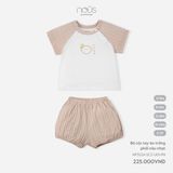 Bộ cộc tay cài vai áo trắng phối nâu nhạt Nous premium