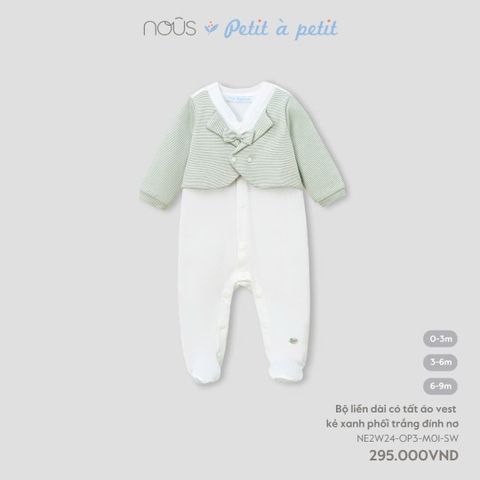 Body liền dài có tất Nous Petit à petit áo vest kẻ xanh phối trắng đính nơ