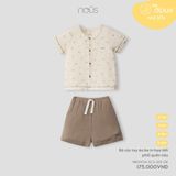 Bộ cài thẳng cộc tay Nous Doux áo be in họa tiết phối quần nâu ( lá - chấm bi )