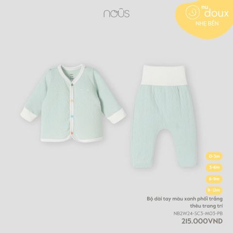 Bộ cài thẳng dài Nous Doux màu xanh phối trắng thêu trang trí ( Cừu )