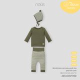 Bộ dài Nous Doux kèm mũ màu xanh rêu phối kẻ xanh