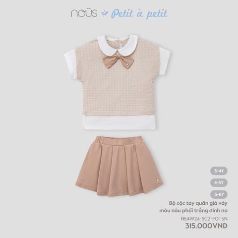 Bộ cộc tay quần giả váy màu nâu phối trắng đính nơ Nous Kid