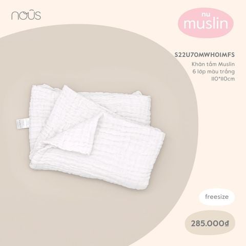 Khăn tắm Nous xô  Muslin 6 lớp màu trắng/hoạ tiết trái tim (110x110cm)