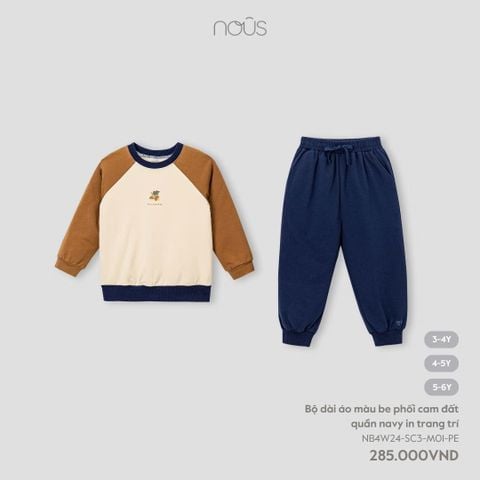 Bộ dài Nous Kid áo màu be phối cam đất quần navy in trang trí ( hạt dẻ )