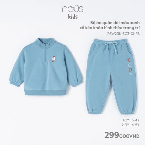 Bộ quần áo dài Nous Kid màu xanh cổ kéo khóa thêu trang trí