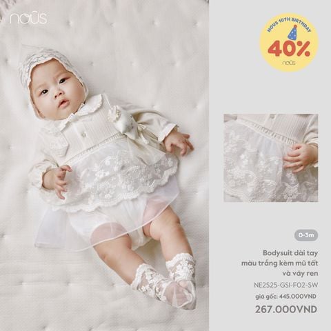 Bodysuit dài tay màu trắng kèm mũ tất và váy ren Nous Party 0M
