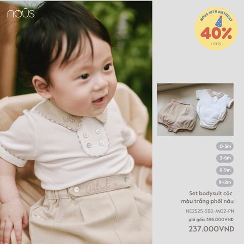 Set bodysuit cộc màu trắng phối nâu Nous Party
